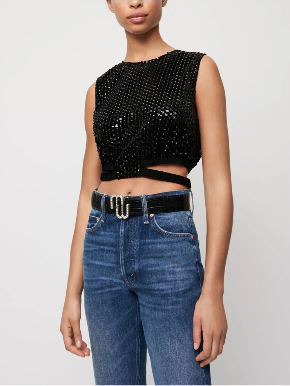 Maje Black Sequin Cropped Tank with Wrap Hem